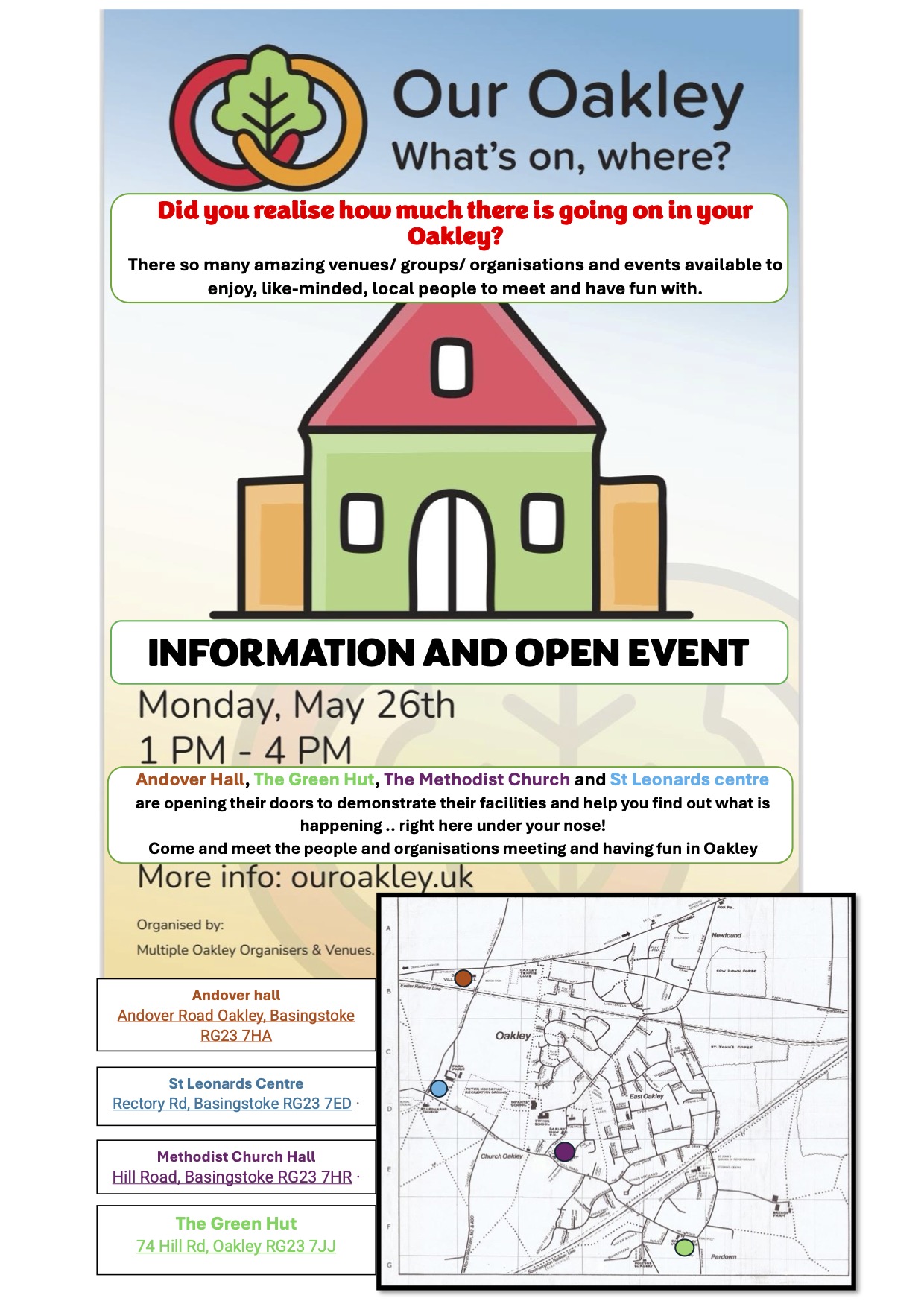 Our Oakley - What’s On, Where? poster. Green, red and orange drawing of a hall. Date and time of event advertised. Map of venues